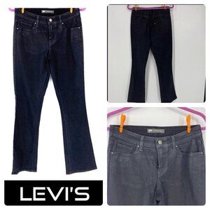 Levi’s black shiny waxy mid rise bootcut skinny. Stretch glam punk. Sz 27
